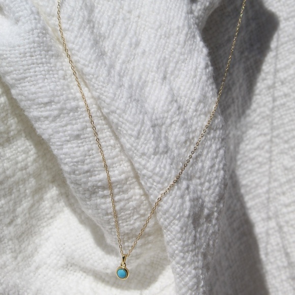 Sterling Silver Gold Necklace with Turquoise Mini Round Pendant - Picture 3 of 10